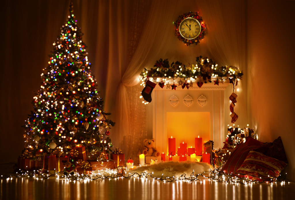 Christmas room interior with Christmas tree and gifts