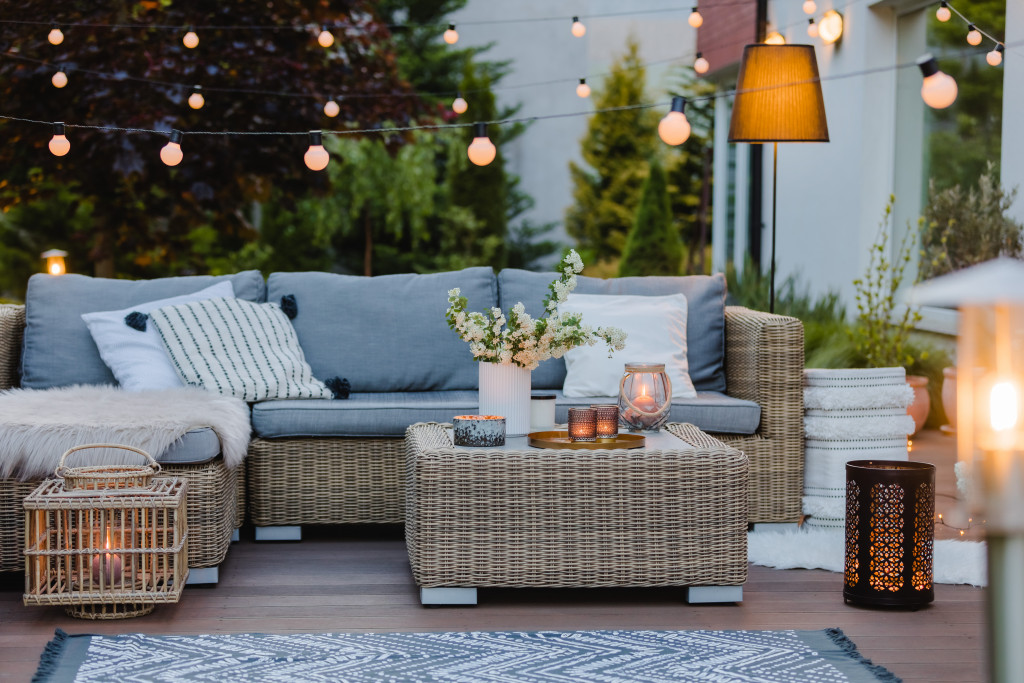 summer evening of patio with lighting